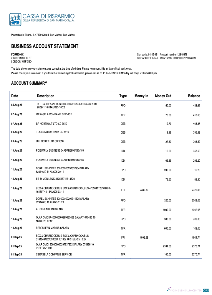 San Marino Cassa di Risparmio bank firm account statement Word and PDF template